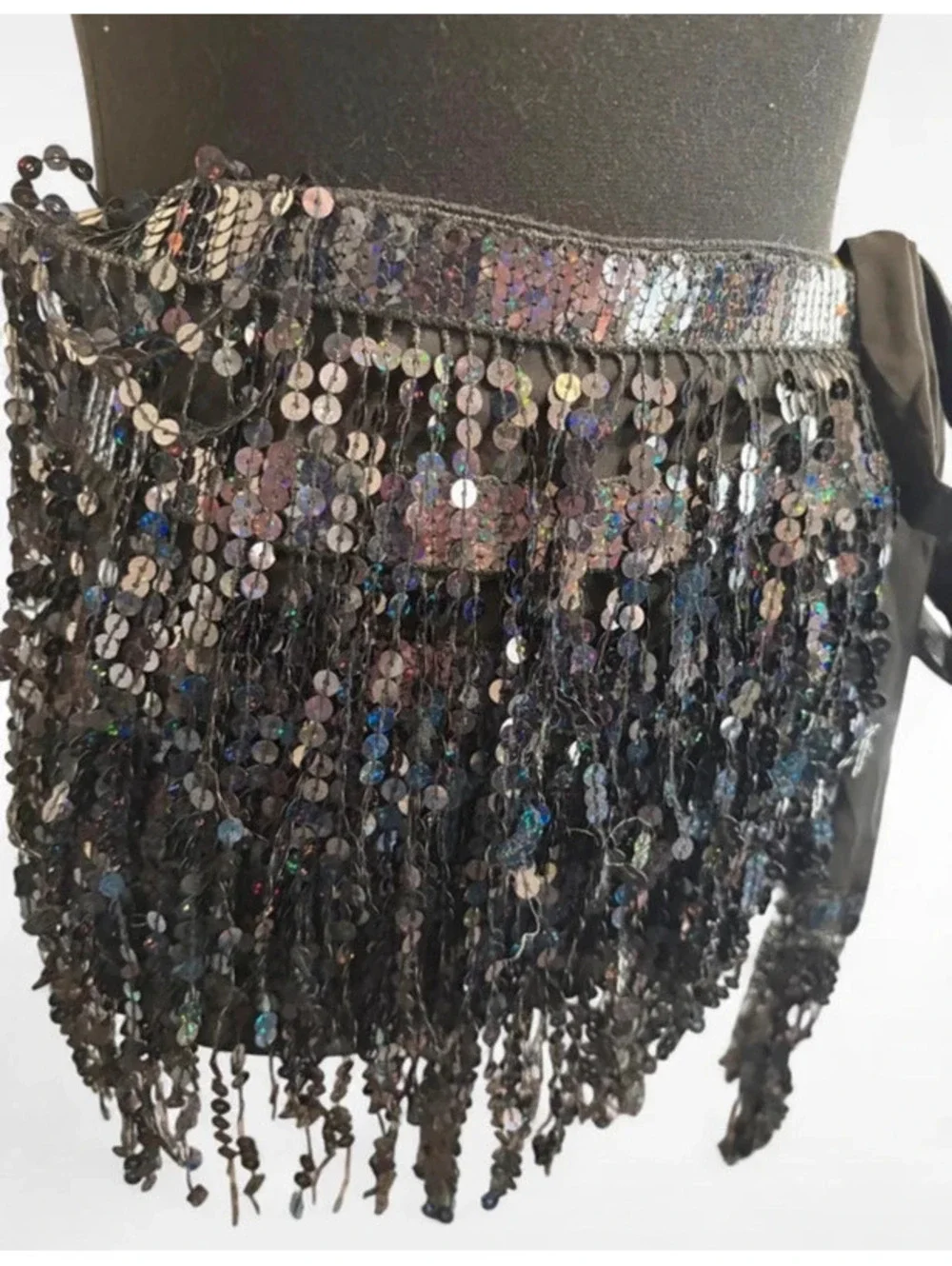 Sequin Fringe Black Waist Belt Y2K
